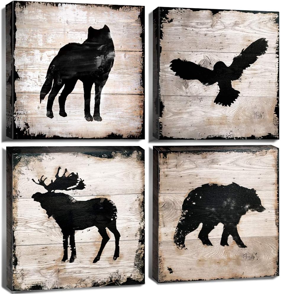Wild Animal Silhouette Canvas Wall Art Decor Elk Wolf Bear Eagle Prints Painting 24 x 24 Inch Peeling Paint Wood Texture Background for Bathroom Living Room Decoration Kids Nursery set of 4 Panels