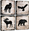 Wild Animal Silhouette Canvas Wall Art Decor Elk Wolf Bear Eagle Prints Painting 24 x 24 Inch Peeling Paint Wood Texture Background for Bathroom Living Room Decoration Kids Nursery set of 4 Panels