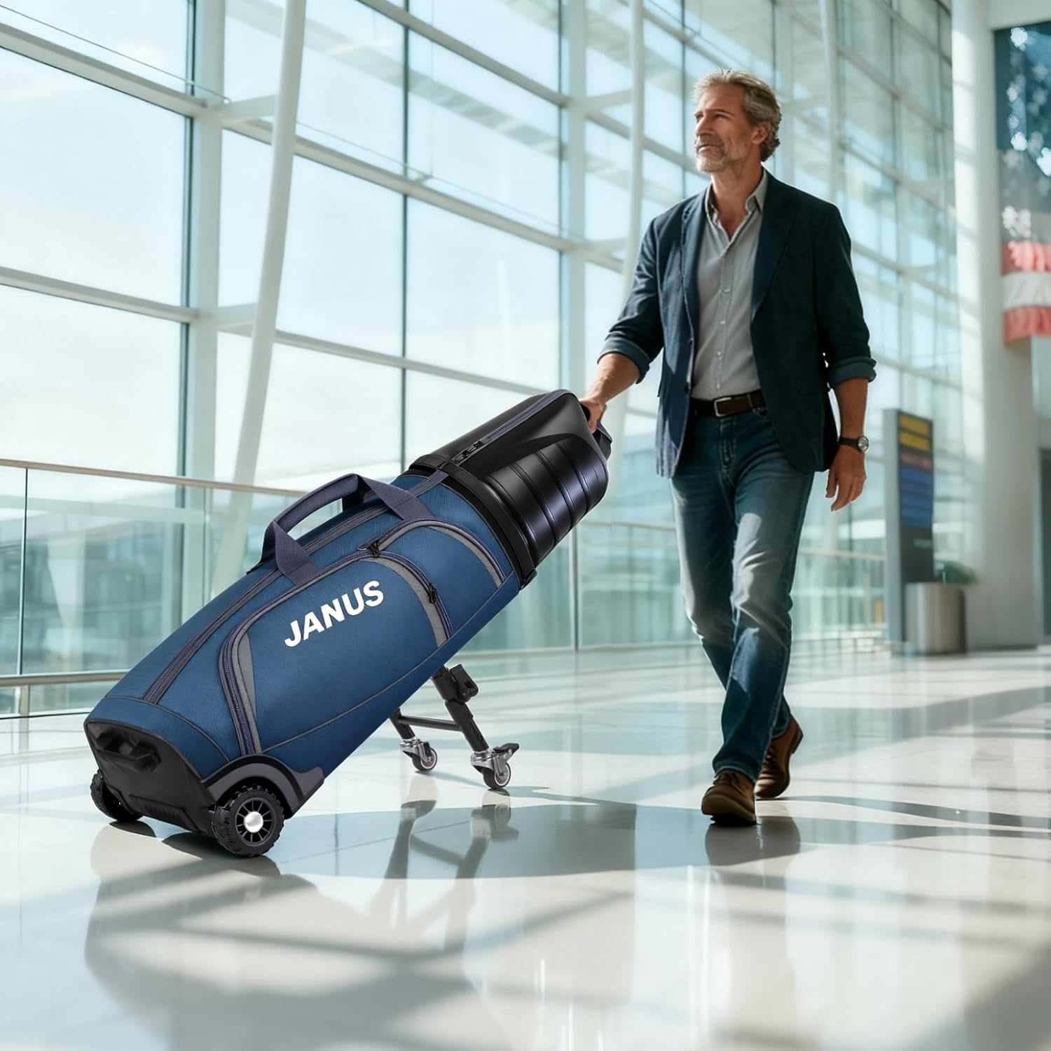 JANUS Golf Travel Bag Hard Case with Foldable Support Legs, Hands-Free Golf Club Travel Bag with 360° Spinner Wheels, ABS Hard Shell, Foldable Design for Airline Travel