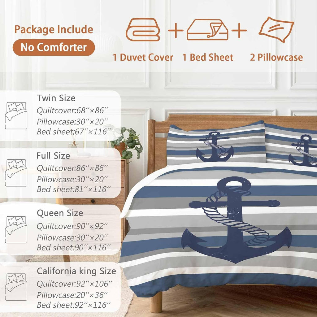 Nautical Anchor Duvet Cover Set Queen Size 4 Pieces Navy Blue Grey Stripe Modern Simplistic Striped Bedding Set with Zipper Closure, 1 Comforter Cover 90x92 Inches 1 Flat Sheet & 2 Pillow Cases