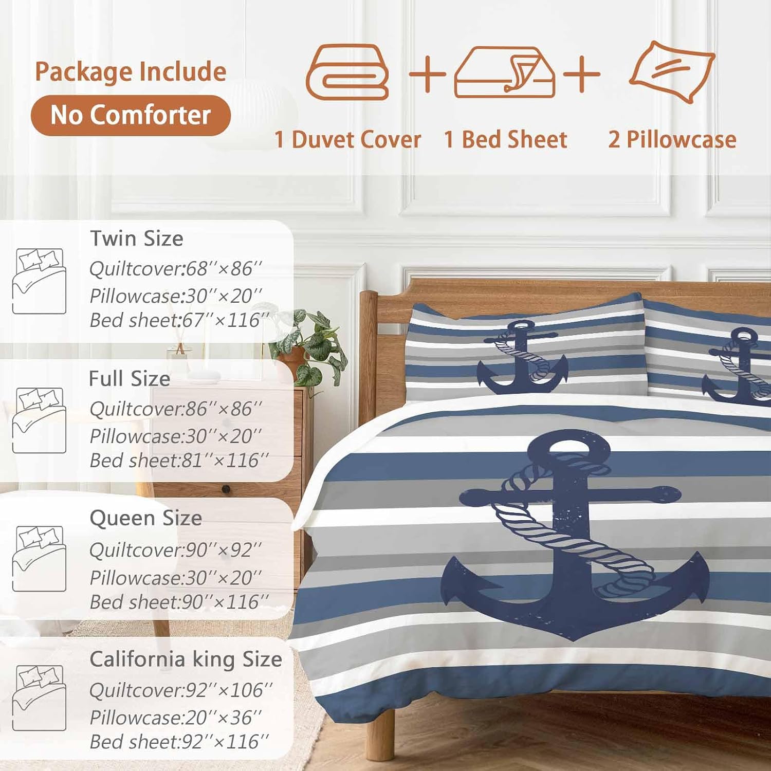 Nautical Anchor Duvet Cover Set Queen Size 4 Pieces Navy Blue Grey Stripe Modern Simplistic Striped Bedding Set with Zipper Closure, 1 Comforter Cover 90x92 Inches 1 Flat Sheet & 2 Pillow Cases