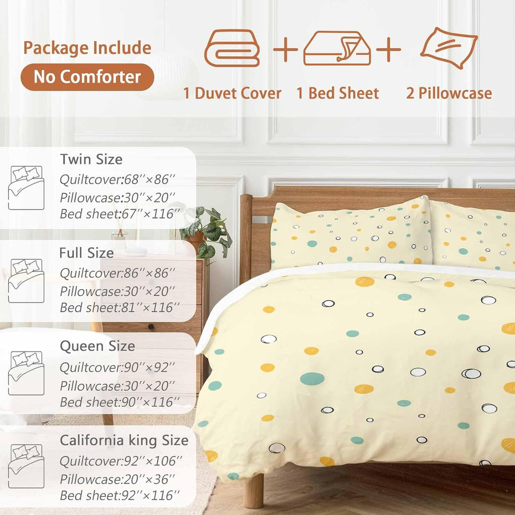 Polka Dot Duvet Cover Set Queen Size 4 Pieces Green Yellow Polka Dot Warm Yellow Cute Summer Bedding Set with Zipper Closure, 1 Comforter Cover 92x106 Inches 1 Flat Sheet & 2 Pillow Cases