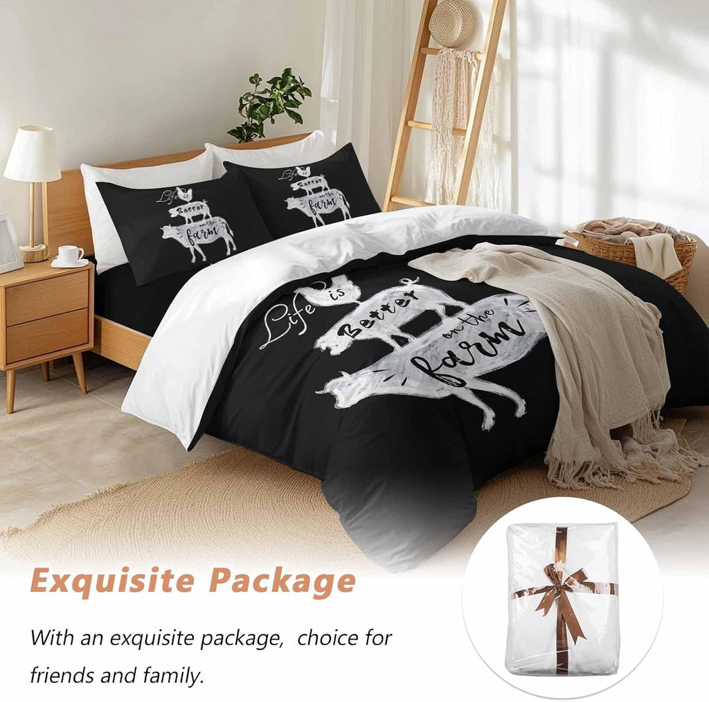 Prime Leader Retro Farm Duvet Cover Set Queen Size 4 Pieces Chicken Pig Cow Farmhouse Animal Black White Bedding Set with Zipper Closure, 1 Comforter Cover 90x92 Inches 1 Flat Sheet & 2 Pillow Cases