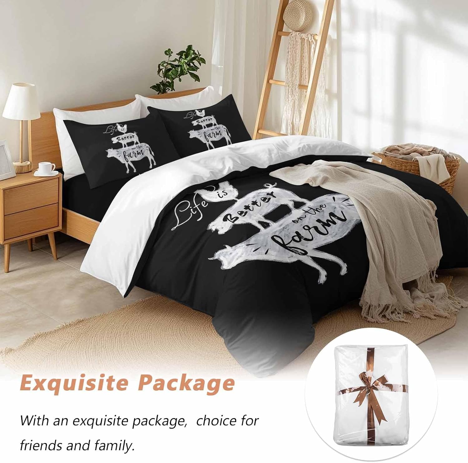 Prime Leader Retro Farm Duvet Cover Set Queen Size 4 Pieces Chicken Pig Cow Farmhouse Animal Black White Bedding Set with Zipper Closure, 1 Comforter Cover 90x92 Inches 1 Flat Sheet & 2 Pillow Cases