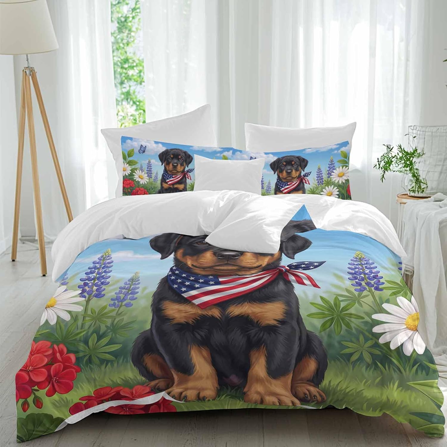 Independence Day Duvet Cover Set Queen Size 4 Pieces Watercolor U. S. Flag Cute Rottweiler Butterfly Bedding Set with Zipper Closure, 1 Comforter Cover 86x86 Inches 1 Flat Sheet & 2 Pillow Cases