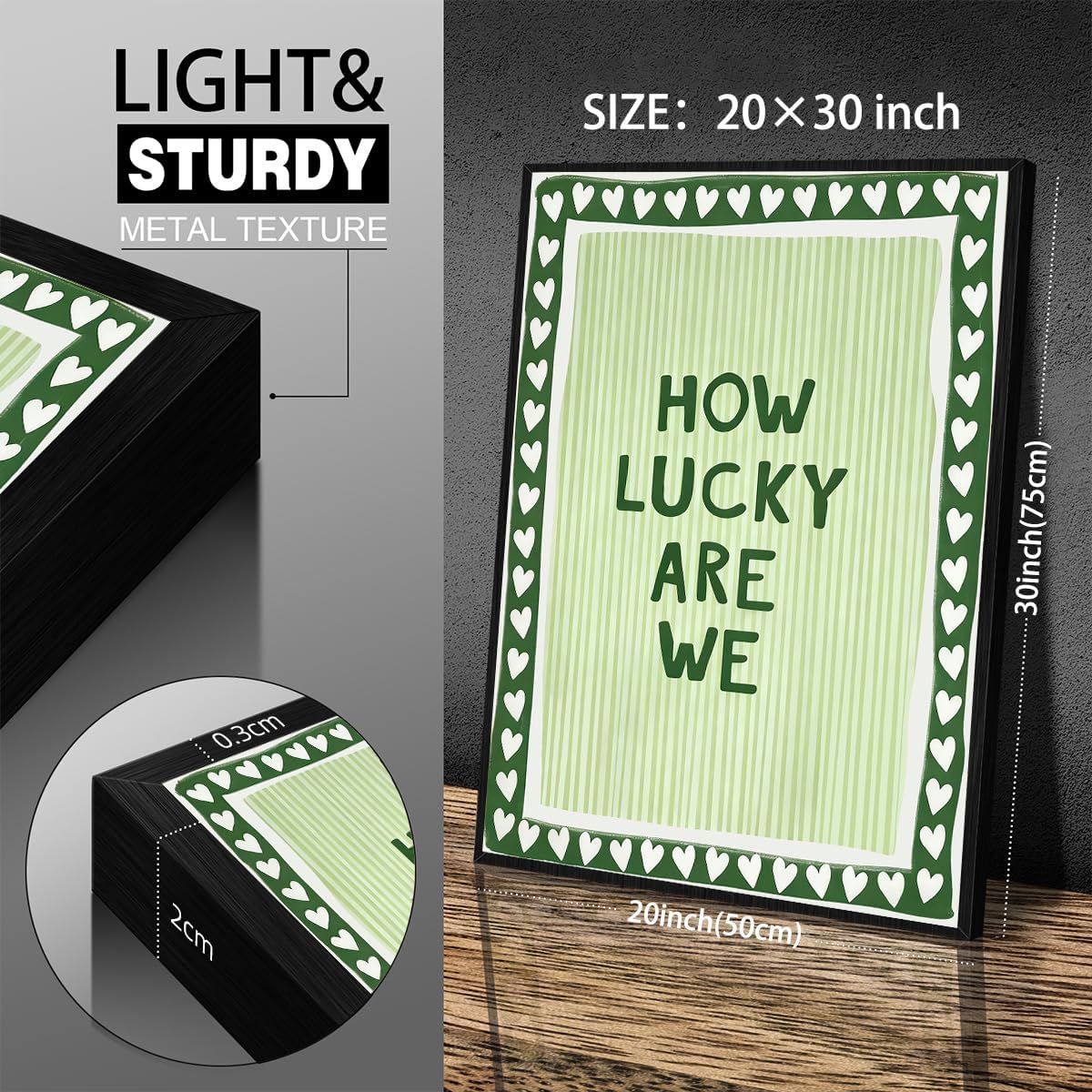 Retro How Lucky Are We Black Framed Wall Art Green Striped Positive Inspirational Quote Canvas Prints Trendy Preppy Aesthetic Posters 20x30in for Living Room Bedroom Dorm Home Decor