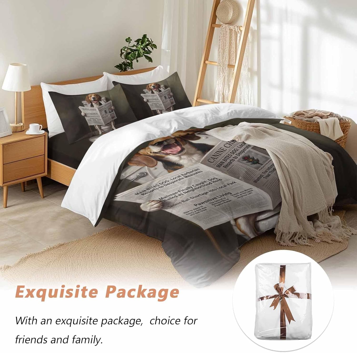 Prime Leader Funny Dog Puppy Duvet Cover Set Queen Size 4 Pieces Cute Beagle Cartoon Newspaper Toilet Bedding Set with Zipper Closure, 1 Comforter Cover 86x86 Inches 1 Flat Sheet & 2 Pillow Cases