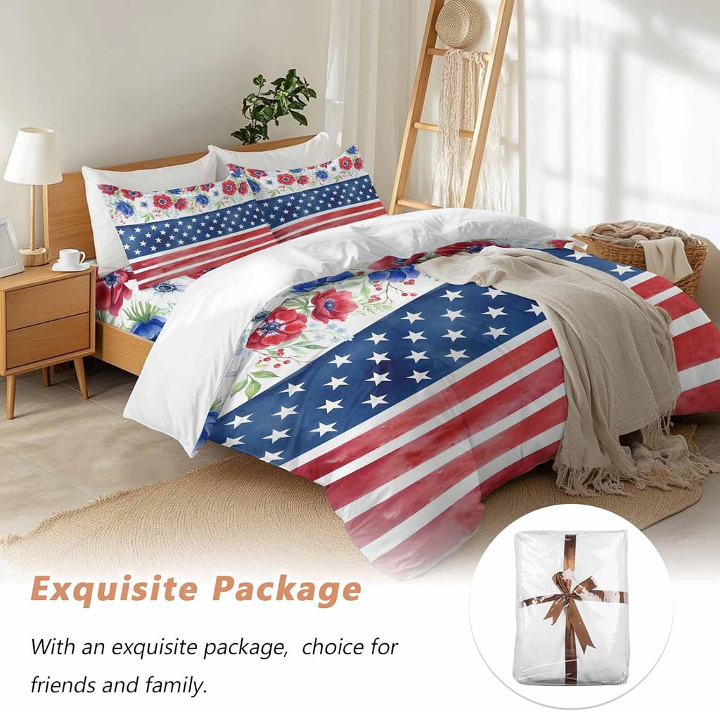 Independence Day Duvet Cover Set Queen Size 4 Pieces American Flag Red Blue Poppy Flower Country Bedding Set with Zipper Closure, 1 Comforter Cover 86x86 Inches 1 Flat Sheet & 2 Pillow Cases