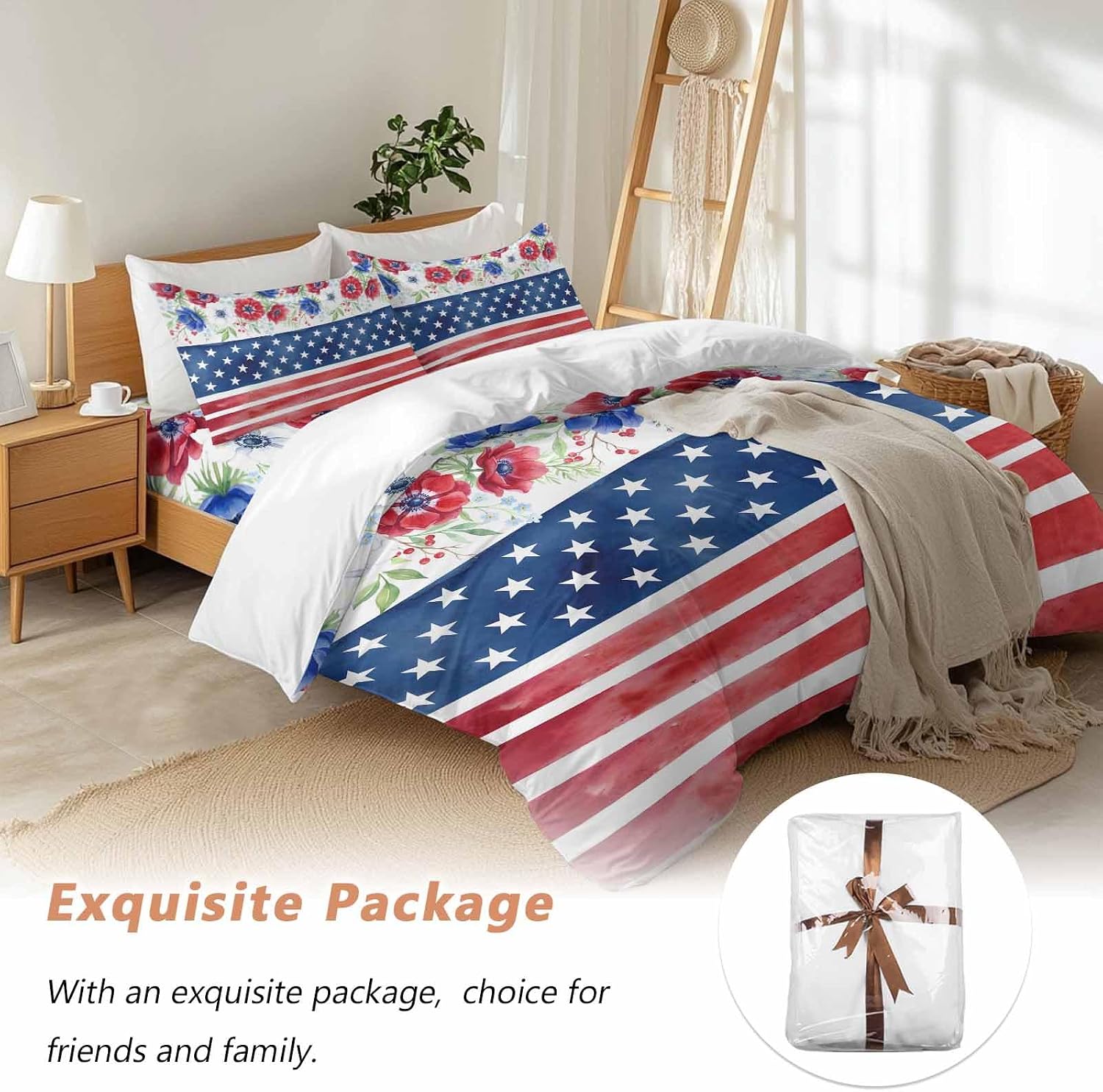 Independence Day Duvet Cover Set Queen Size 4 Pieces American Flag Red Blue Poppy Flower Country Bedding Set with Zipper Closure, 1 Comforter Cover 86x86 Inches 1 Flat Sheet & 2 Pillow Cases