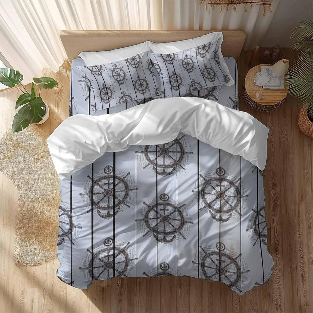 Summer Coastal Duvet Cover Set Queen Size 4 Pieces Nautical Brown Anchor Rudder Ocean Gray Wood Grain Bedding Set with Zipper Closure, 1 Comforter Cover 90x92 Inches 1 Flat Sheet & 2 Pillow Cases