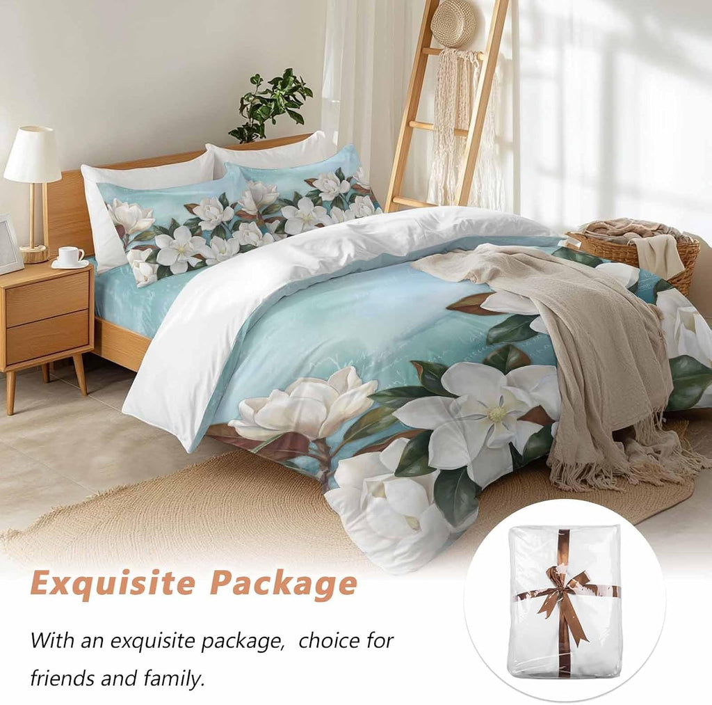 White Floral Duvet Cover Set Queen Size 4 Pieces Spring White Magnolia Vintage Plants Farmhouse Farm Blue Bedding Set with Zipper Closure, 1 Comforter Cover 86x86 Inches 1 Flat Sheet & 2 Pillow Cases