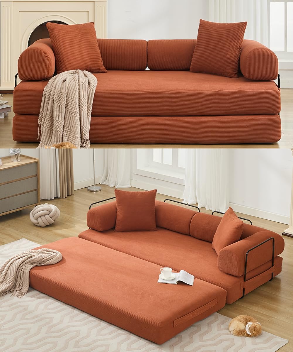 WILLIAMSPACE 78.5' Modern Loveseat Sofa Fold-Out Sofa Bed, Convertible Chair Floor Couch with Removable Backrest, Comfy King Size Sofa Bed for Living Room, Bedroom, Corduroy Fabric (Orange)