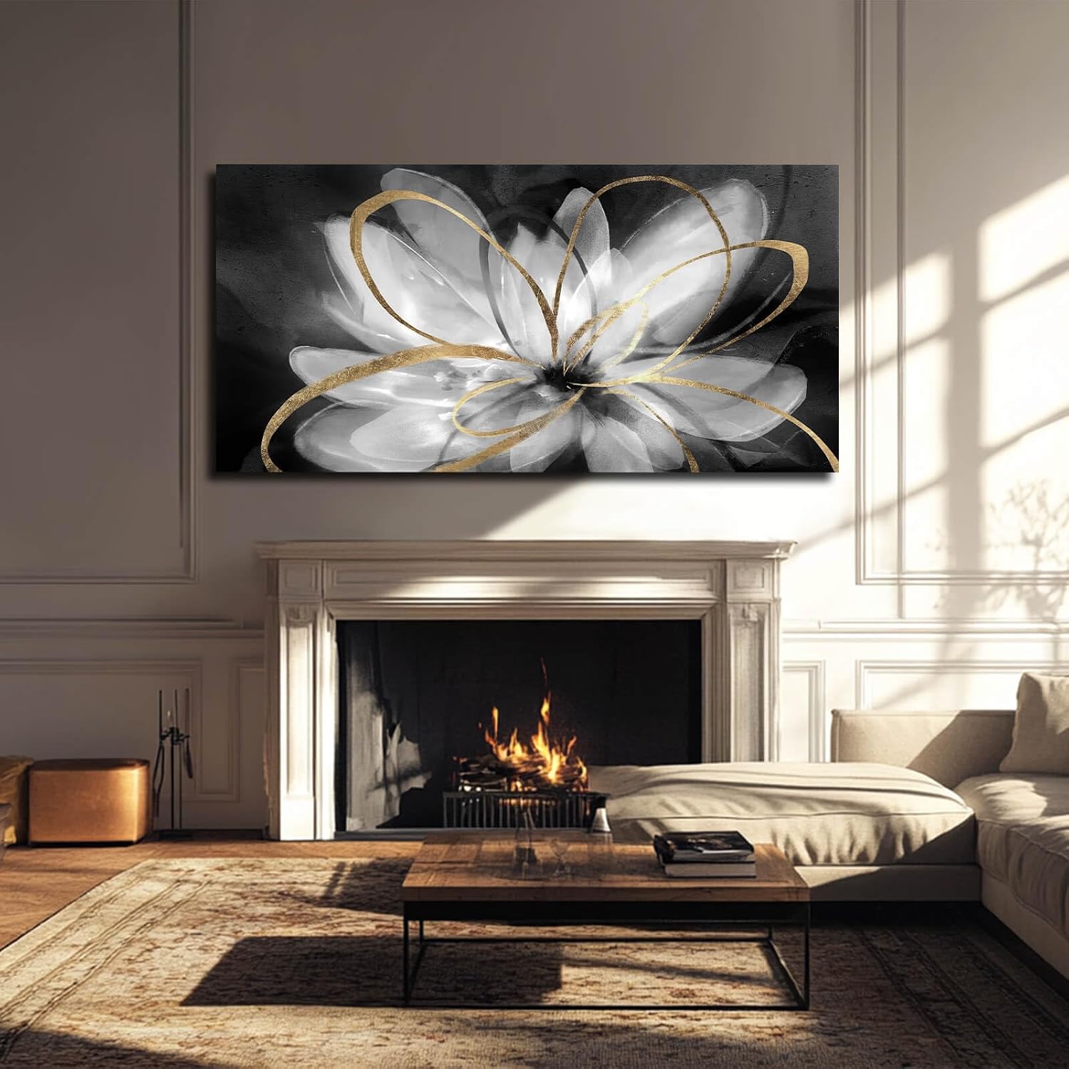 SOUGUAN Flower Large Artwork Gold Wall Decor White Canvas Paintings for Living Room Bedroom Kitchen Office 30'x 60'