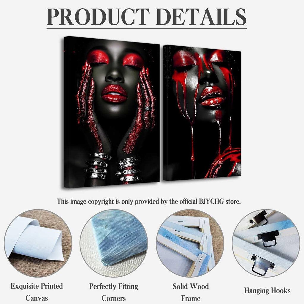 BJYCHG 2Pcs African American Canvas Wall Art Abstract Black Woman Face Painting Prints Fashion Black Female Portrait Poster Pictures Modern Girl Bedroom Room Decor (Red, (24x36inx2 Pieces))