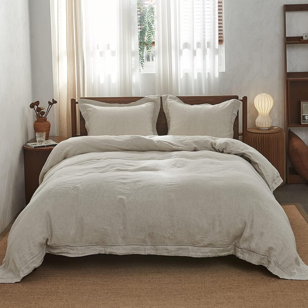 Simple&Opulence 100% French Flax Linen Duvet Cover Set with Embroidery Washed - 3 Pieces (1 Duvet Cover with 2 Pillow Shams) with Button Closure Soft Breathable Farmhouse - Linen, King Size