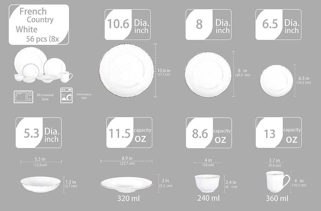 56pc Dinnerware Set, Plate and Bowl Set, Stoneware Dishes Set for 8, Microwave and Dishwahser Safe, Scratch Resistant, French Countryside Speckled Antique White