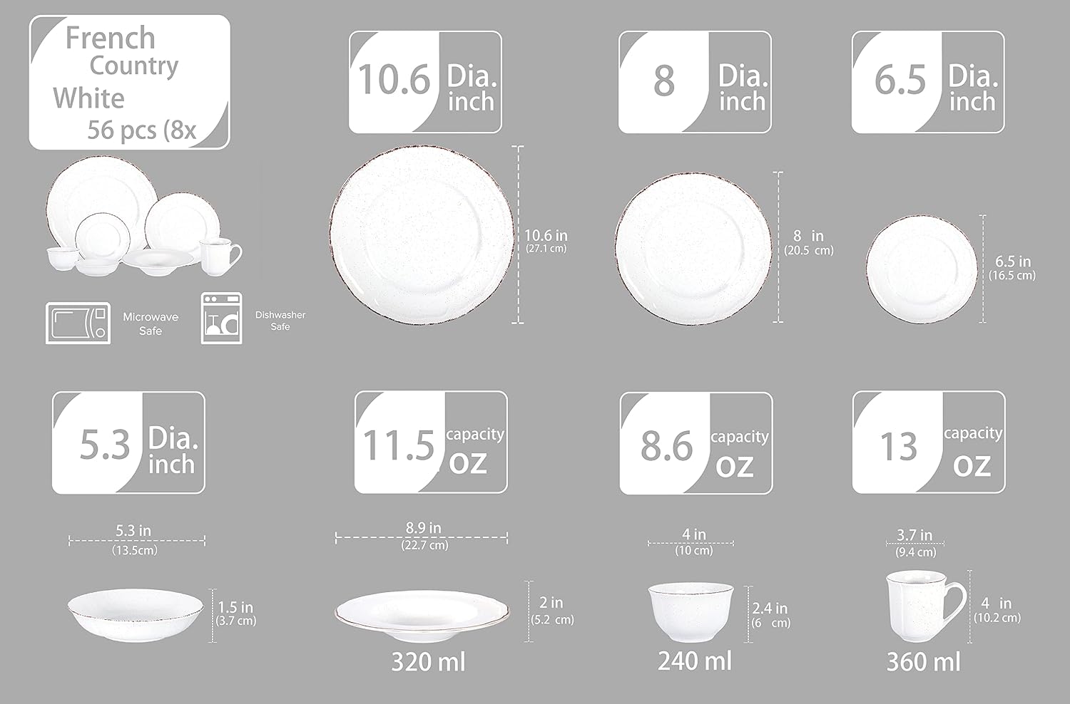 56pc Dinnerware Set, Plate and Bowl Set, Stoneware Dishes Set for 8, Microwave and Dishwahser Safe, Scratch Resistant, French Countryside Speckled Antique White