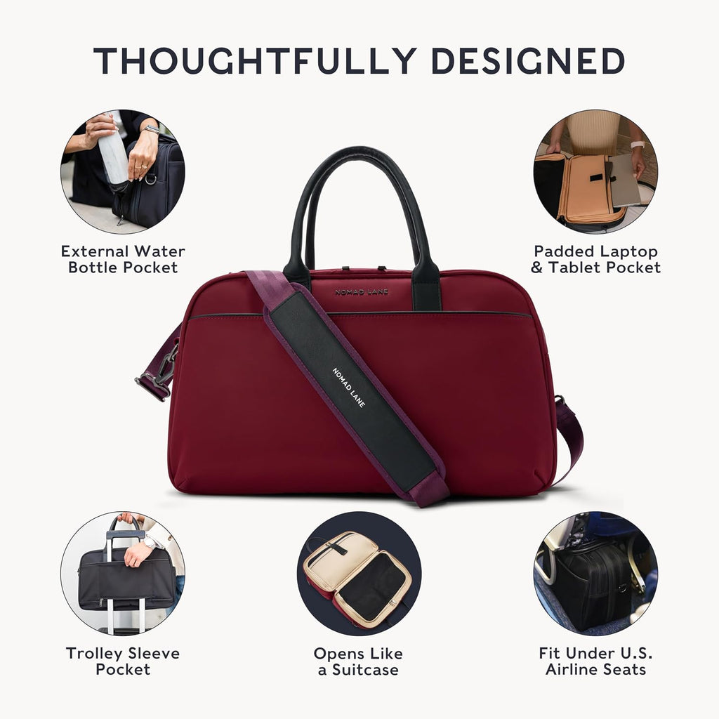 Nomad Lane Carry-On Luggage Duffel Bag, Durable & Lightweight Suitcase. Bento Bag, Personal Item Weekender Travel Bag for Men & Women, Bordeaux Berry