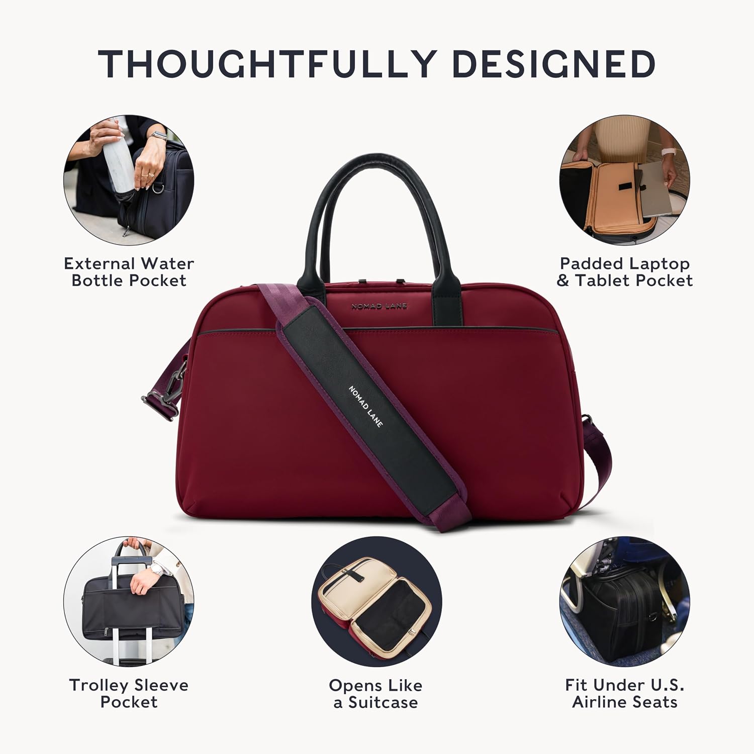 Nomad Lane Carry-On Luggage Duffel Bag, Durable & Lightweight Suitcase. Bento Bag, Personal Item Weekender Travel Bag for Men & Women, Bordeaux Berry