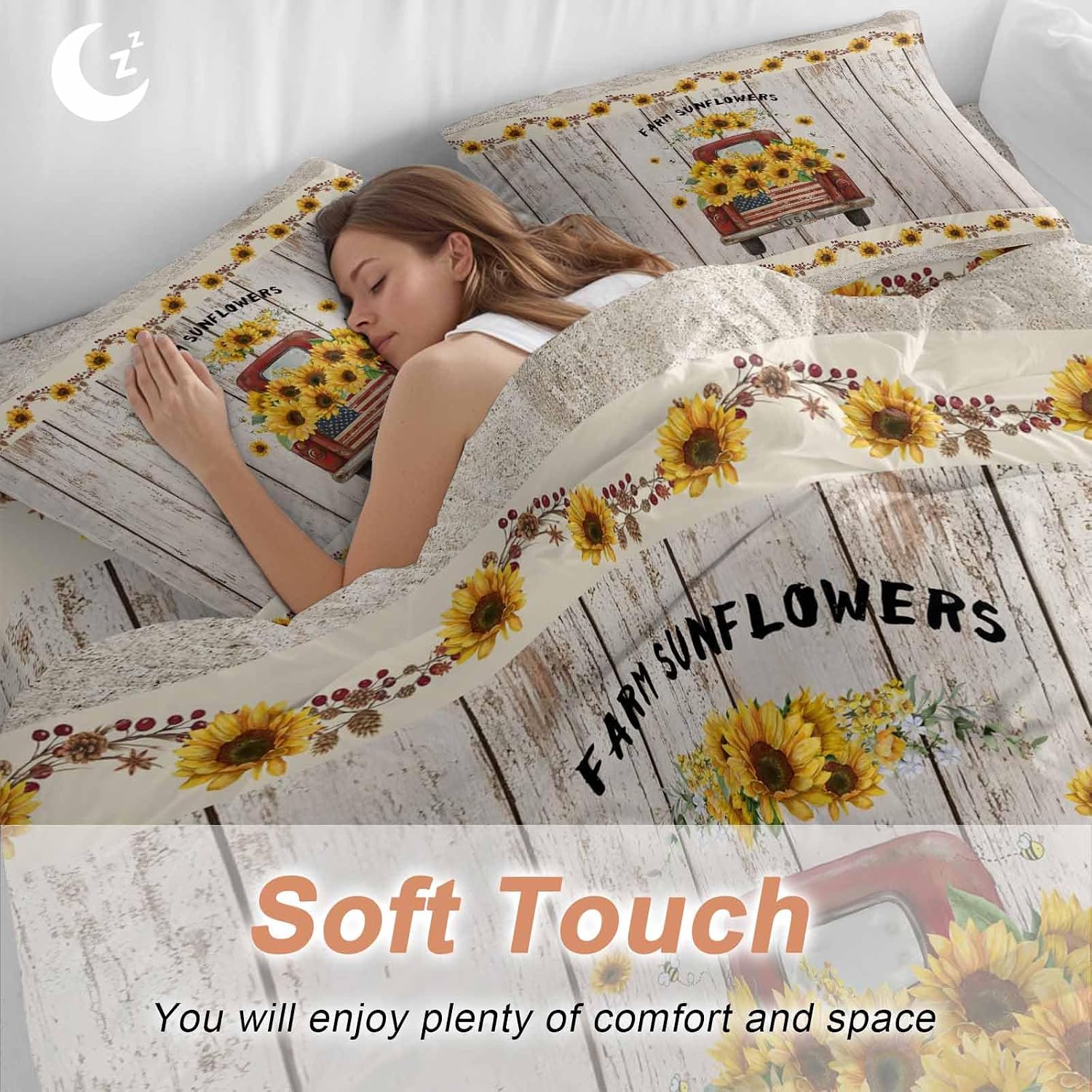 Farm Sunflowers Duvet Cover Set Queen Size 4 Pieces Summer Floral Truck Leaves Fruit Wood Grain Bedding Set with Zipper Closure, 1 Comforter Cover 86x86 Inches 1 Flat Sheet & 2 Pillow Cases