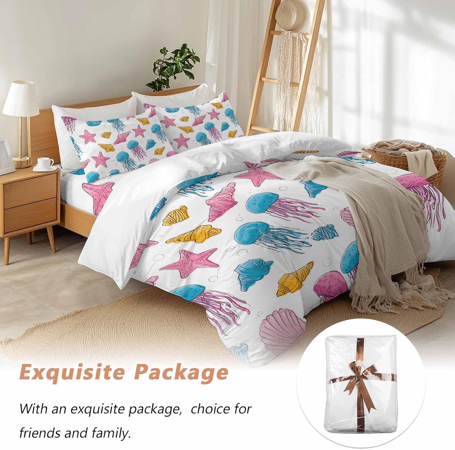 Marine Life Duvet Cover Set Queen Size 4 Pieces Nautical Ocean Pink Blue Yellow Jellyfish Starfish Shell Bedding Set with Zipper Closure, 1 Comforter Cover 86x86 Inches 1 Flat Sheet & 2 Pillow Cases