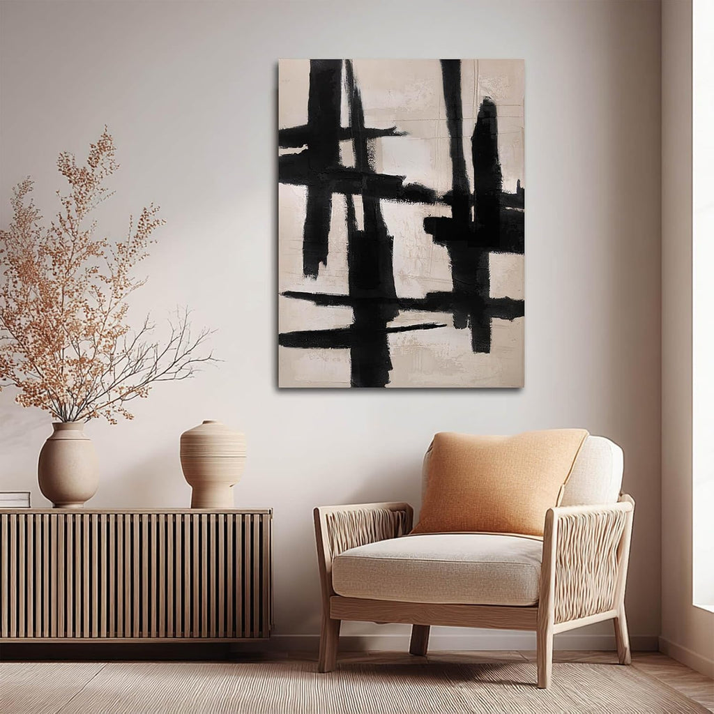 SHEYOYE Black and Beige Abstract Canvas Wall Art, Hand-Painted Oil Painting, Textured, Ready to Hang, Modern Home Decor for Living Room Bedroom, 36x48 Inch