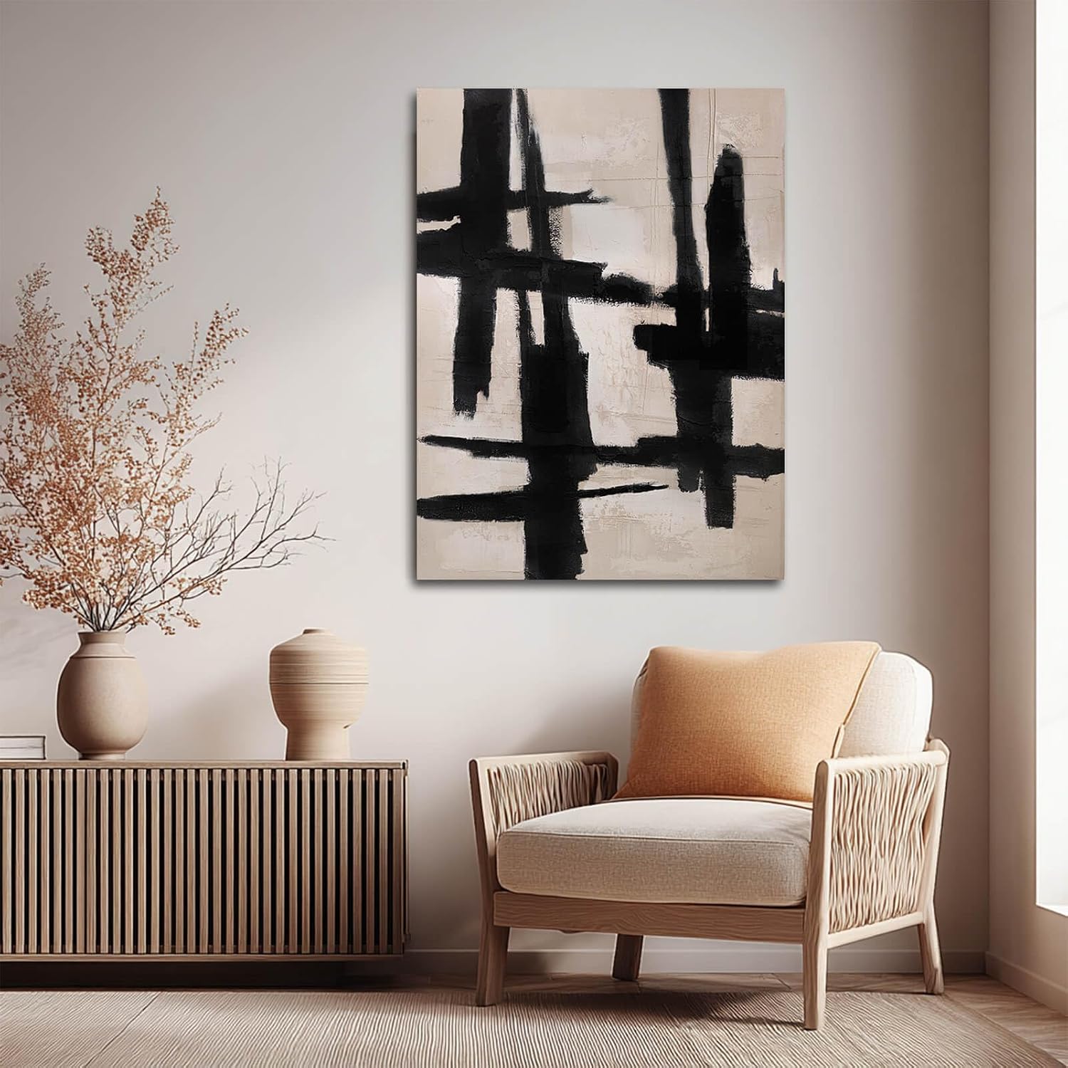 SHEYOYE Black and Beige Abstract Canvas Wall Art, Hand-Painted Oil Painting, Textured, Ready to Hang, Modern Home Decor for Living Room Bedroom, 36x48 Inch