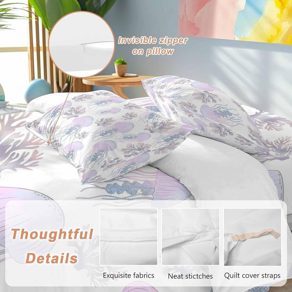 Prime Leader Jellyfish Coral Duvet Cover Set Queen Size 4 Pieces Dreamy Pink Purple Ocean Coastal Bedding Set with Zipper Closure, 1 Comforter Cover 86x86 Inches 1 Flat Sheet & 2 Pillow Cases