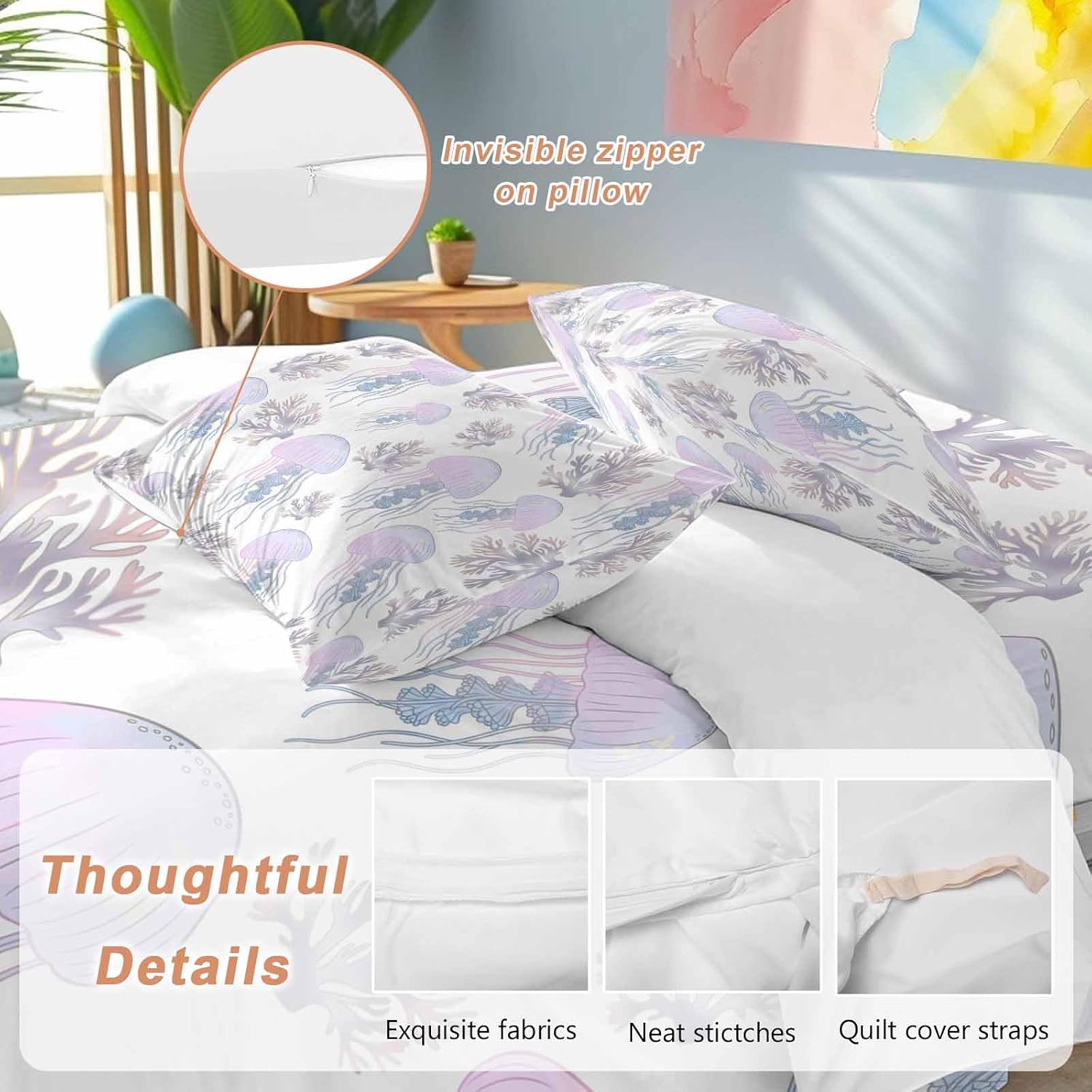 Prime Leader Jellyfish Coral Duvet Cover Set Queen Size 4 Pieces Dreamy Pink Purple Ocean Coastal Bedding Set with Zipper Closure, 1 Comforter Cover 92x106 Inches 1 Flat Sheet & 2 Pillow Cases