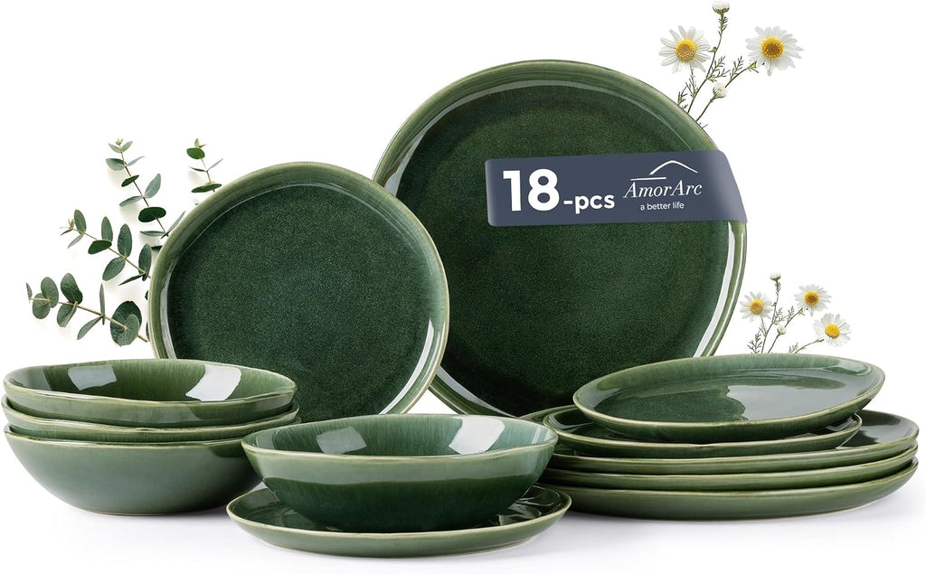 AmorArc Ceramic Dinnerware Sets,Handmade Reactive Glaze Stoneware Plates and Bowls Sets,Highly Scratch Resistant | Dishwasher & Microwave Safe Dishes Set,Service for 6 (18pc)