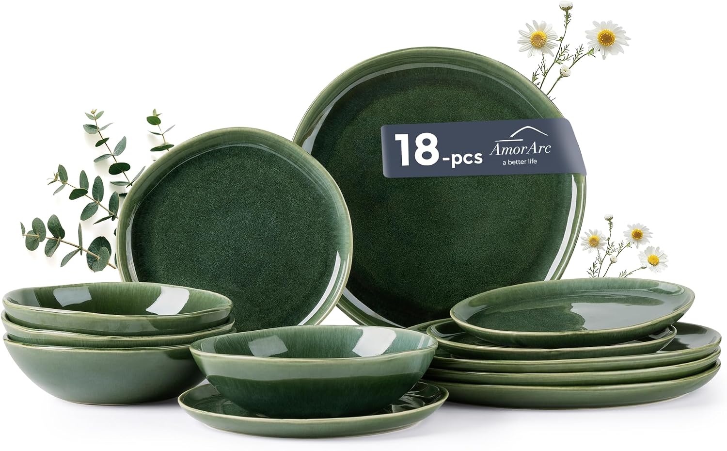 AmorArc Ceramic Dinnerware Sets,Handmade Reactive Glaze Stoneware Plates and Bowls Sets,Highly Scratch Resistant | Dishwasher & Microwave Safe Dishes Set,Service for 6 (18pc)