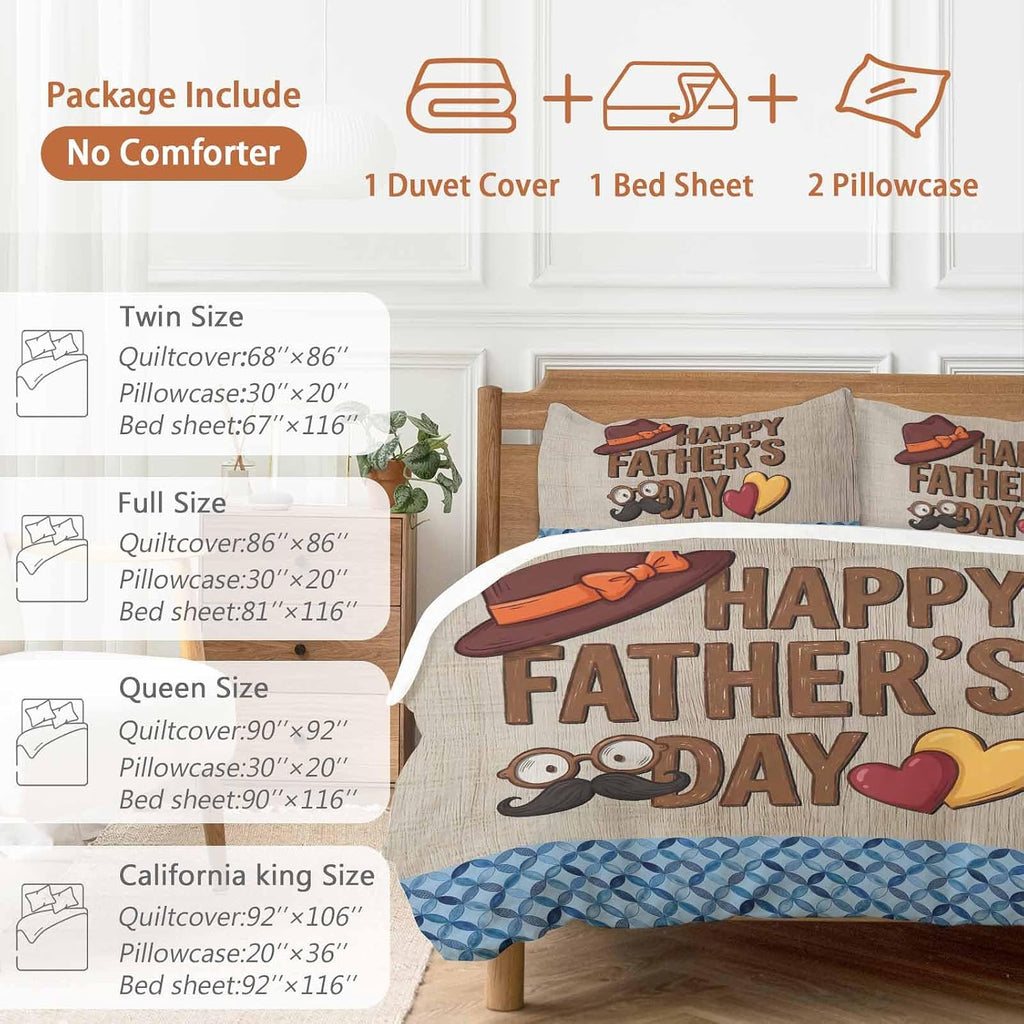 Prime Leader Father's Day Duvet Cover Set Queen Size 4 Pieces Wood Grain Retro Love Heart Hat Brown Blue Bedding Set with Zipper Closure, 1 Comforter Cover 86x86 Inches 1 Flat Sheet & 2 Pillow Cases