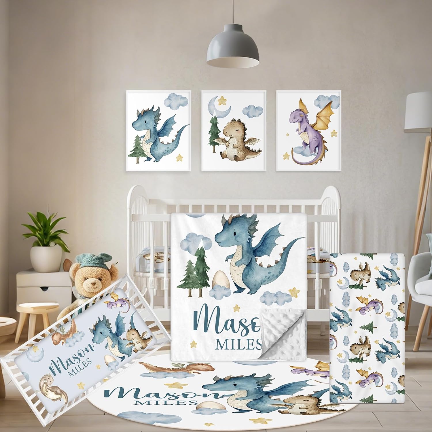Terwex Custom Baby Crib Bedding Set, 5 Pcs Personalized Name Baby Crib Sets for Infant Toddler, Blue Dinosaur Nursery Bedding Set for Baby Boy, Double Layer Baby Bedding Sets Customized Gifts
