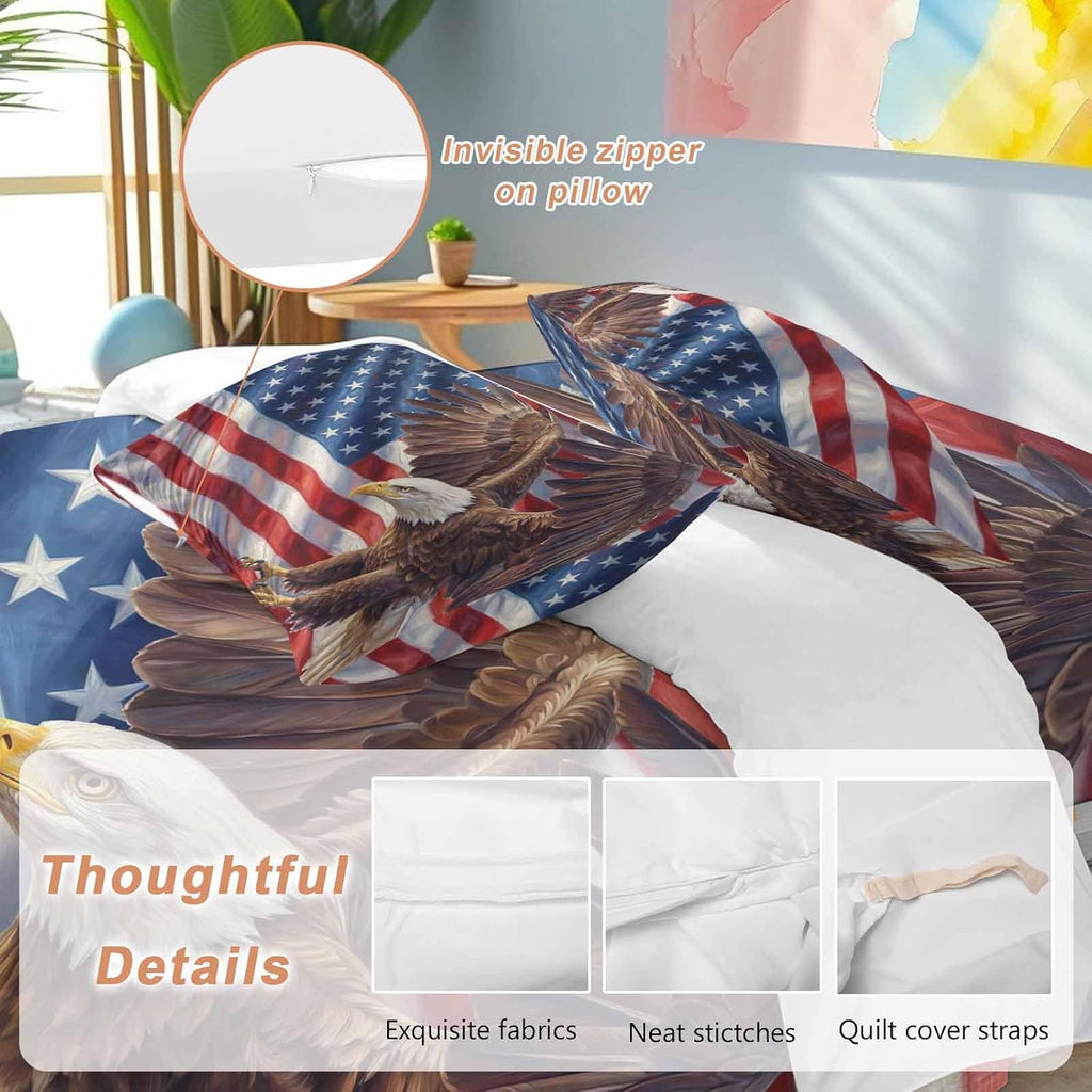Independence Day Duvet Cover Set Queen Size 4 Pieces Watercolor U. S. Flag Soaring Bald Eagle Bedding Set with Zipper Closure, 1 Comforter Cover 86x86 Inches 1 Flat Sheet & 2 Pillow Cases