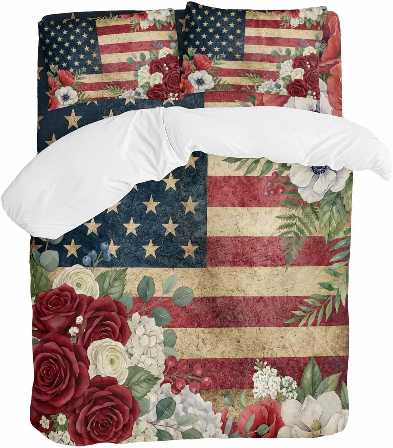 4th of July Duvet Cover Set Queen Size 4 Pieces Patriotic USA Flag Stars Red Flowers Leaf Rustic Bedding Set with Zipper Closure, 1 Comforter Cover 90x92 Inches 1 Flat Sheet & 2 Pillow Cases