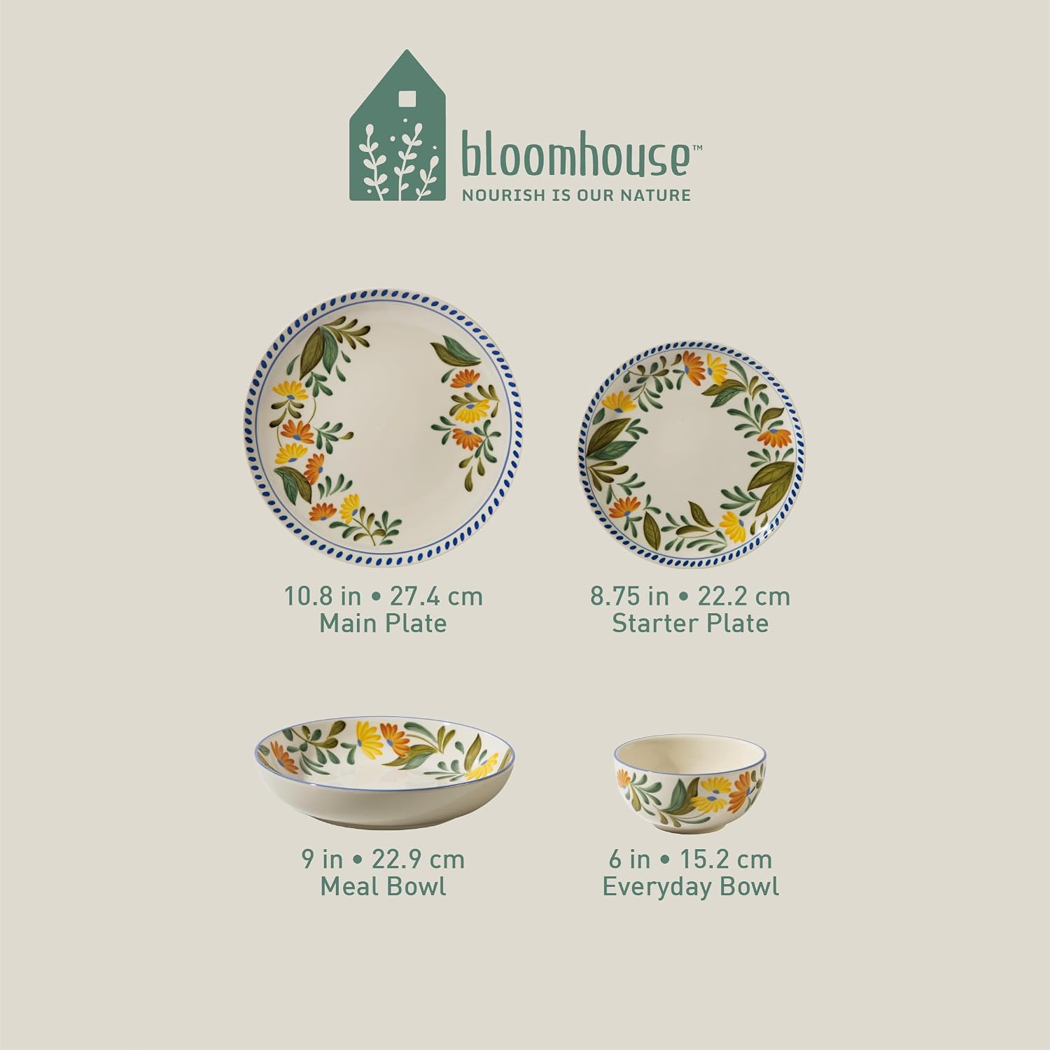 Bloomhouse - Two Time Oprah's Favorite Things Winner - Posy Blossom Double Bowl Hand Painted Stoneware Plates and Bowls Floral Dinnerware Set, Service for Four (16pcs)
