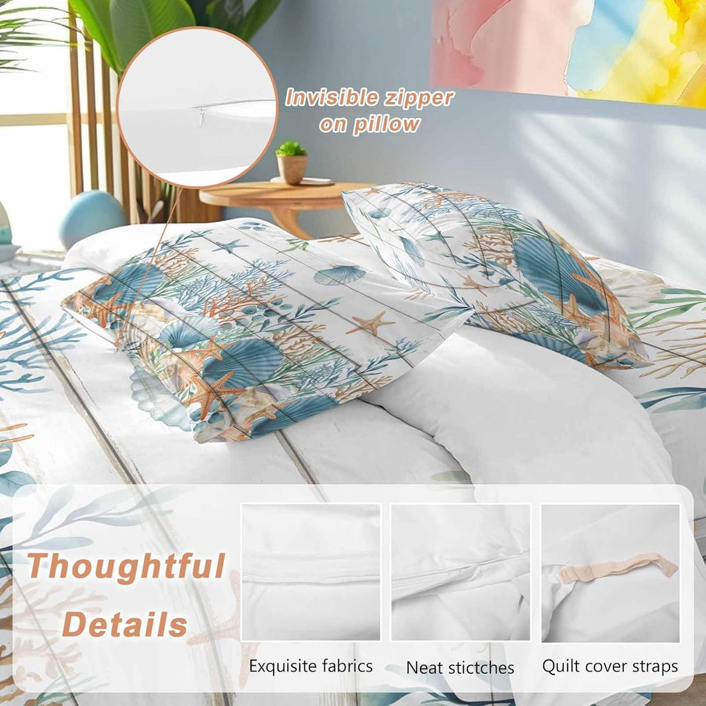 Marine Life Duvet Cover Set Queen Size 4 Pieces Vintage Shell Starfish Coral Eucalyptus Leaves Wood Grain Bedding Set with Zipper Closure, 1 Comforter Cover 86x86 Inches 1 Flat Sheet & 2 Pillow Cases