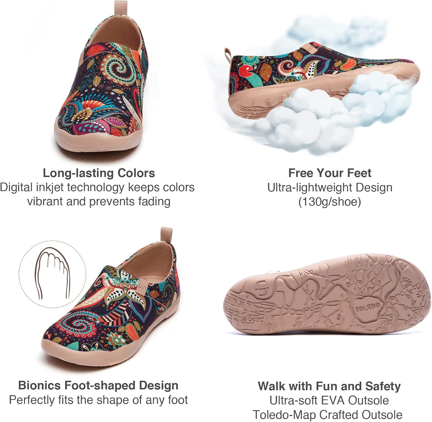 UIN Women's Slip On Shoes Colorful Comfortable Lightweight Art Travel Sneakers Casual Floral Stylish Everyday Loafers
