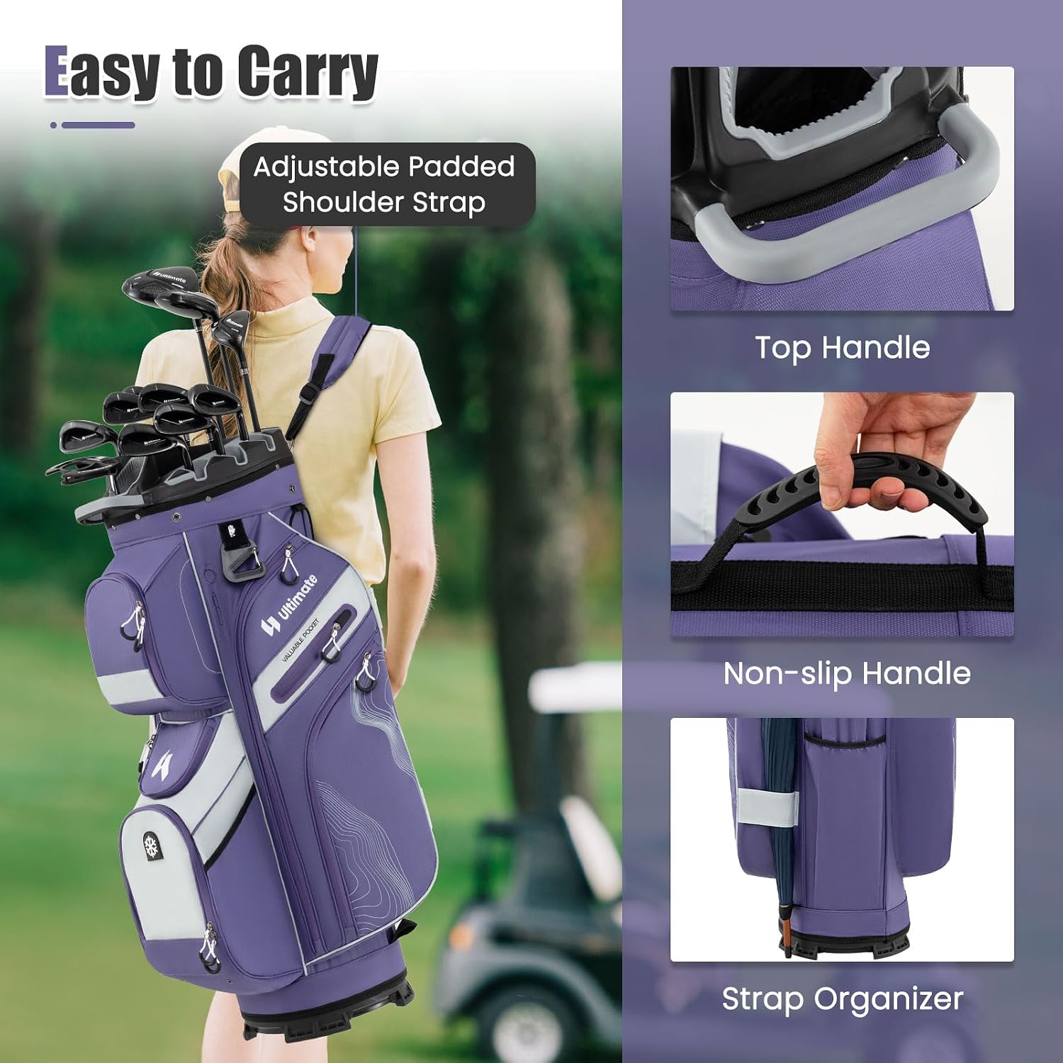 ULTIMATE 14-Way Golf Cart Bag, Golf Bag w/Molded Lock Top & Full Length Dividers, Portable Golf Club Bag w/11 Pockets, Cooler Bag, Padded Strap & Rain Hood for Men Women