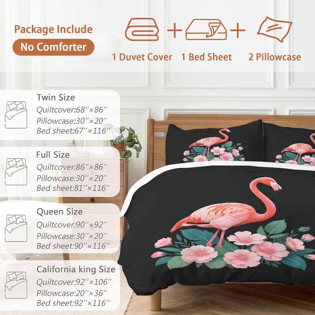 Prime Leader Flamingo Duvet Cover Set Queen Size 4 Pieces Pink Flower Leafs Plants Watercolors Black Bedding Set with Zipper Closure, 1 Comforter Cover 92x106 Inches 1 Flat Sheet & 2 Pillow Cases