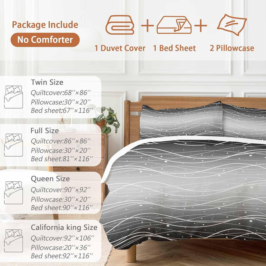 Gradient Black White Duvet Cover Set Queen Size 4 Pieces Wave Line Dots Modern Abstract Simple Bedding Set with Zipper Closure, 1 Comforter Cover 92x106 Inches 1 Flat Sheet & 2 Pillow Cases