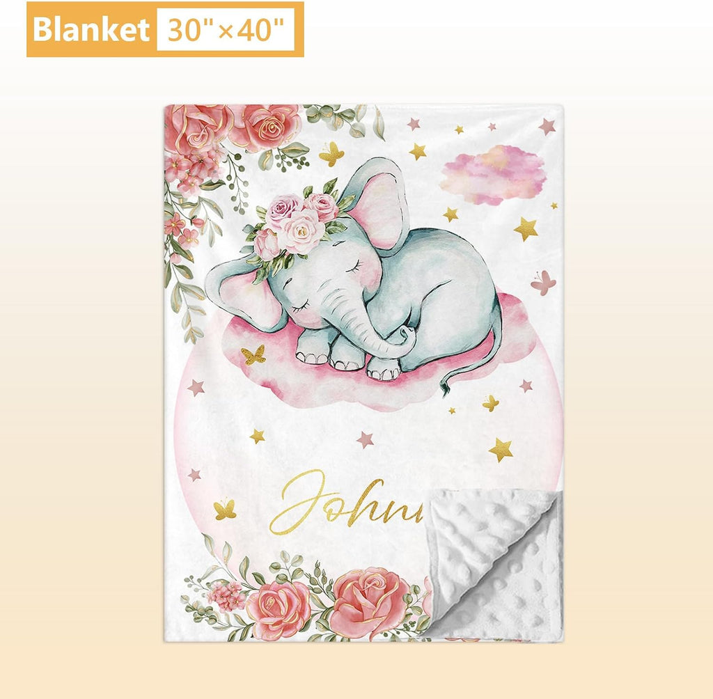 Terwex Custom Baby Crib Bedding Set, 5 Pcs Personalized Name Baby Crib Sets for Infant Toddler, Floral Elephant Nursery Bedding Set for Baby Girls, Double Layer Baby Bedding Sets Customized Gifts