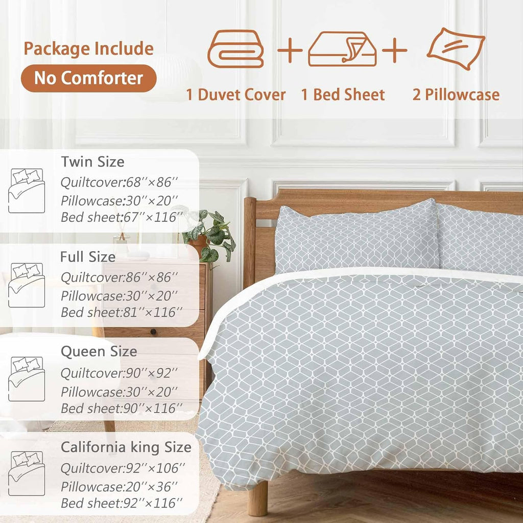Prime Leader Modern Geometric Duvet Cover Set Queen Size 4 Pieces Grey Color Blocks Abstract Cube Simple Bedding Set with Zipper Closure, 1 Comforter Cover 90x92 Inches 1 Flat Sheet & 2 Pillow Cases