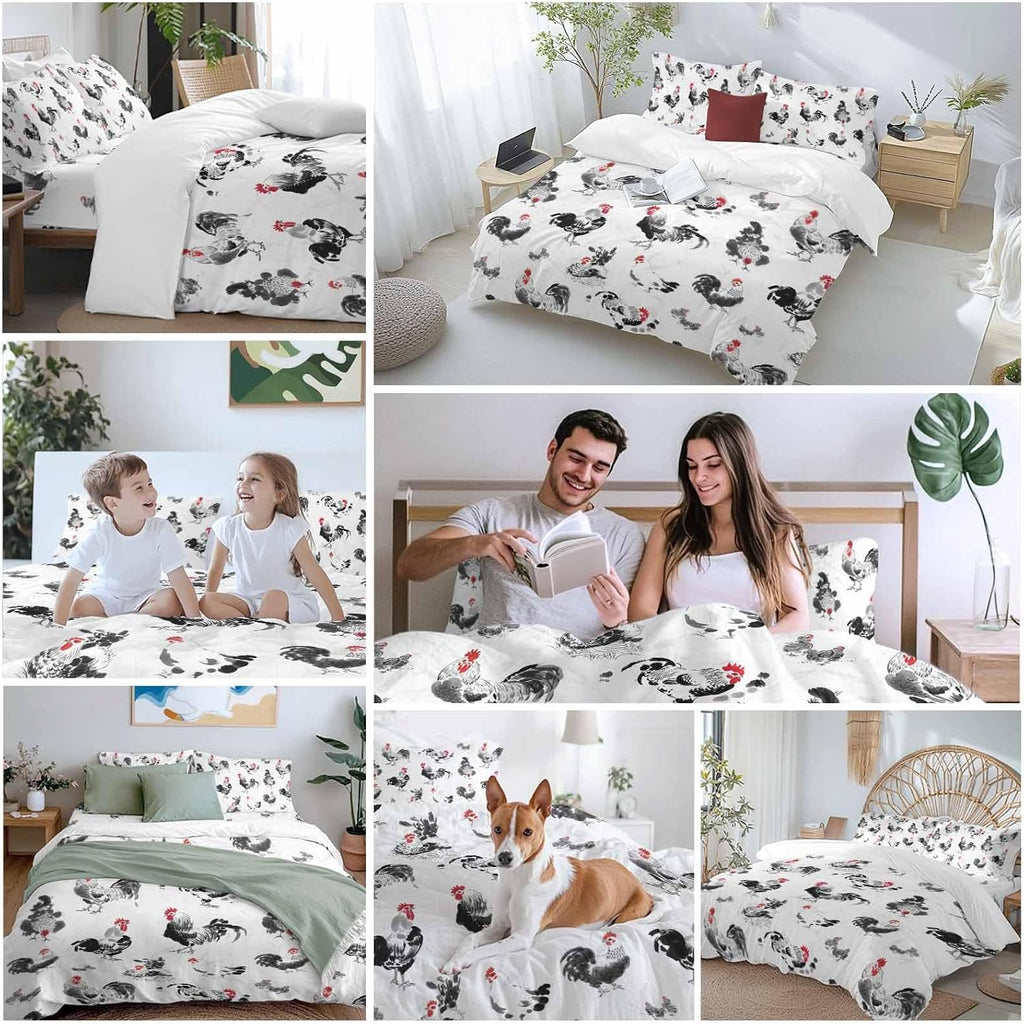 Prime Leader Rooster Hen Duvet Cover Set Queen Size 4 Pieces Watercolor Farm Animal Rustic Black Country Bedding Set with Zipper Closure, 1 Comforter Cover 86x86 Inches 1 Flat Sheet & 2 Pillow Cases