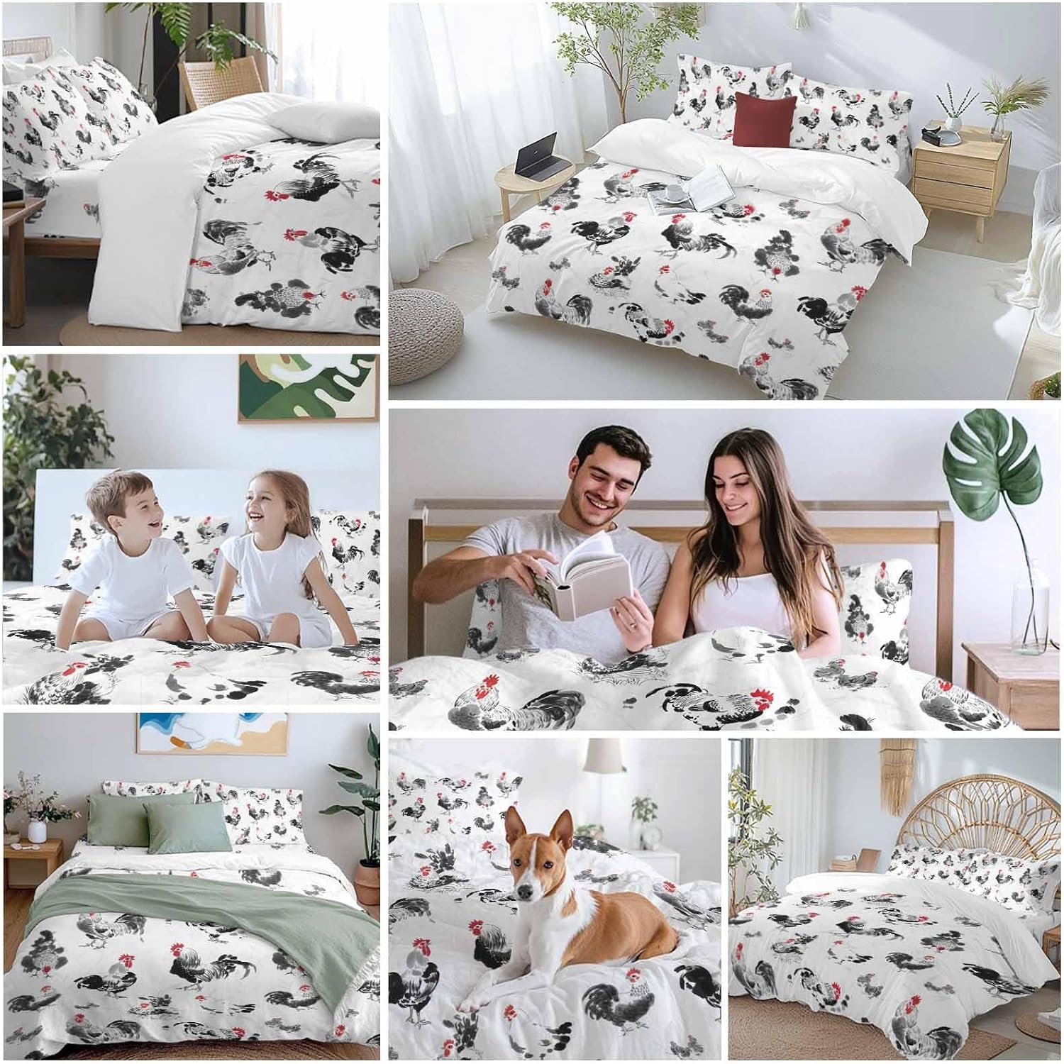 Prime Leader Rooster Hen Duvet Cover Set Queen Size 4 Pieces Watercolor Farm Animal Rustic Black Country Bedding Set with Zipper Closure, 1 Comforter Cover 86x86 Inches 1 Flat Sheet & 2 Pillow Cases