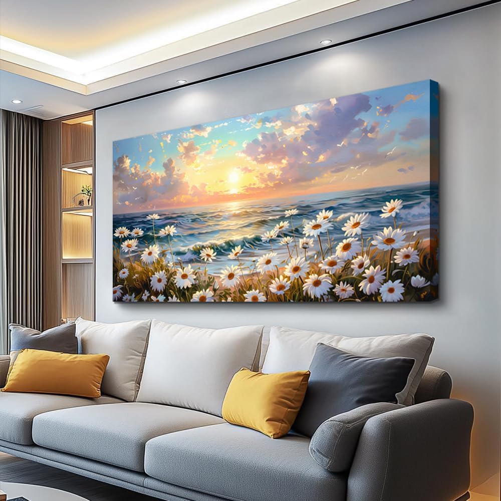 PHAOHUAXM Large Wall Decor Canvas Wall Art For Bedroom Living Room Decor A Landscape Painting Of A Sea Of White Flowers Painting Art Print Picture Artwork For office Bathroom Home Decor 30x60 In