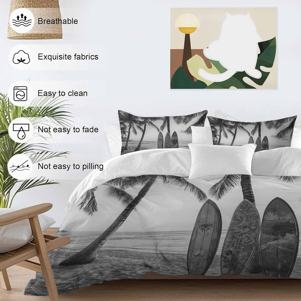 Summer Beach Surf Duvet Cover Set Queen Size 4 Pieces Palm Trees Black And White Surfboard Seaside Bedding Set with Zipper Closure, 1 Comforter Cover 90x92 Inches 1 Flat Sheet & 2 Pillow Cases