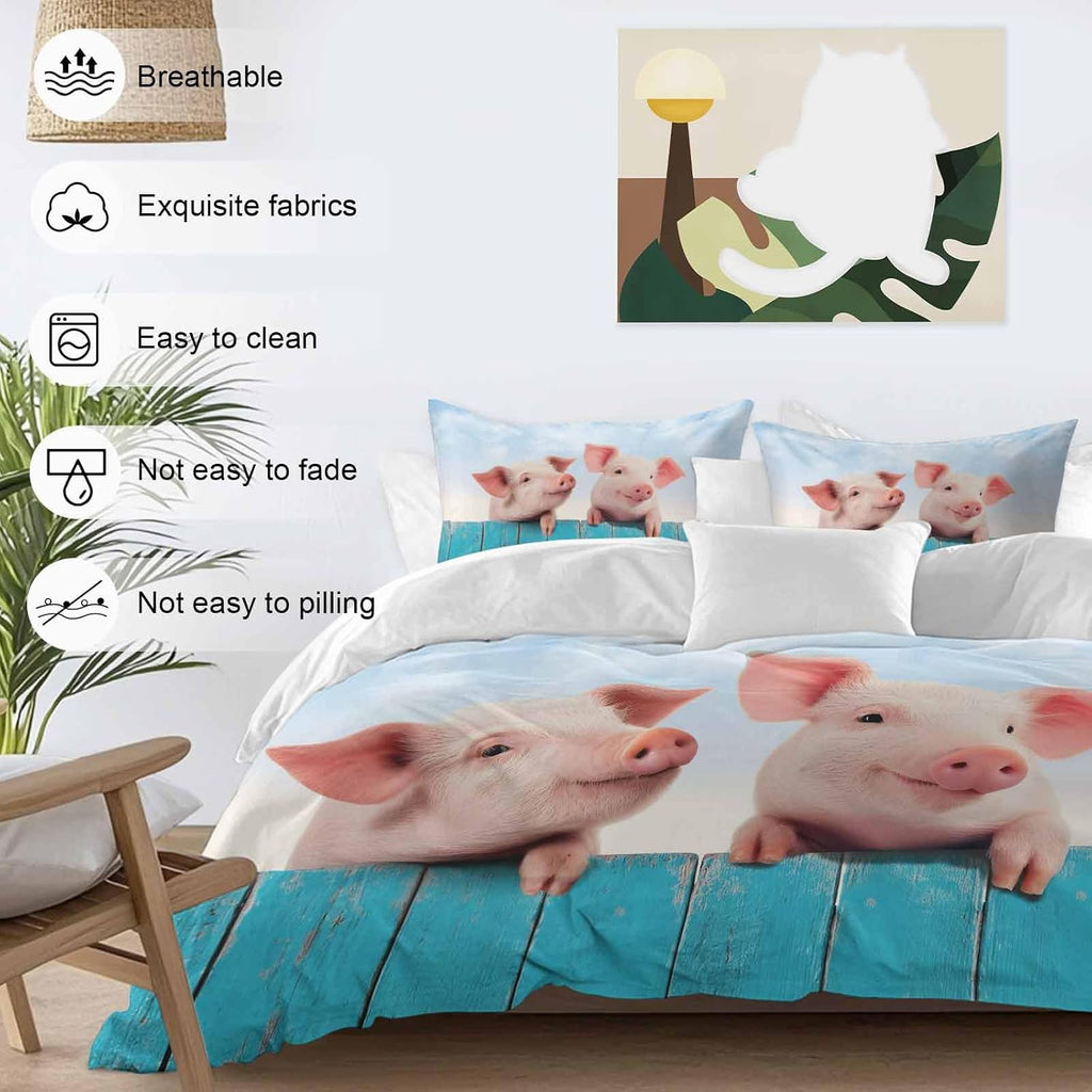 Prime Leader Pigs Duvet Cover Set Queen Size 4 Pieces Farmhouse Cute Pigs Blue Wooden Fence Blue Sky Bedding Set with Zipper Closure, 1 Comforter Cover 90x92 Inches 1 Flat Sheet & 2 Pillow Cases