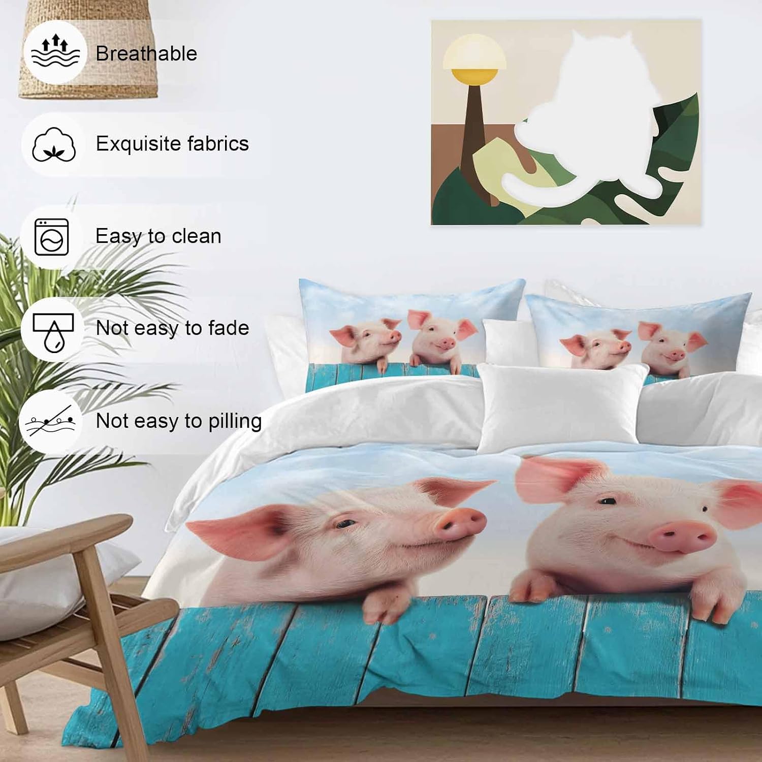 Prime Leader Pigs Duvet Cover Set Queen Size 4 Pieces Farmhouse Cute Pigs Blue Wooden Fence Blue Sky Bedding Set with Zipper Closure, 1 Comforter Cover 90x92 Inches 1 Flat Sheet & 2 Pillow Cases