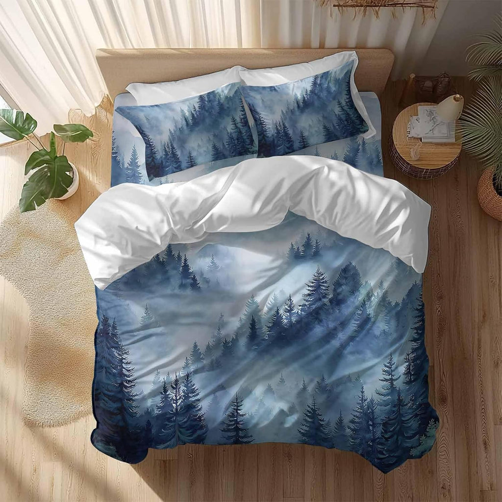 Blue Forest Mountain Duvet Cover Set Queen Size 4 Pieces Retro Watercolor Gradual Foggy Pine Tree Bedding Set with Zipper Closure, 1 Comforter Cover 90x92 Inches 1 Flat Sheet & 2 Pillow Cases